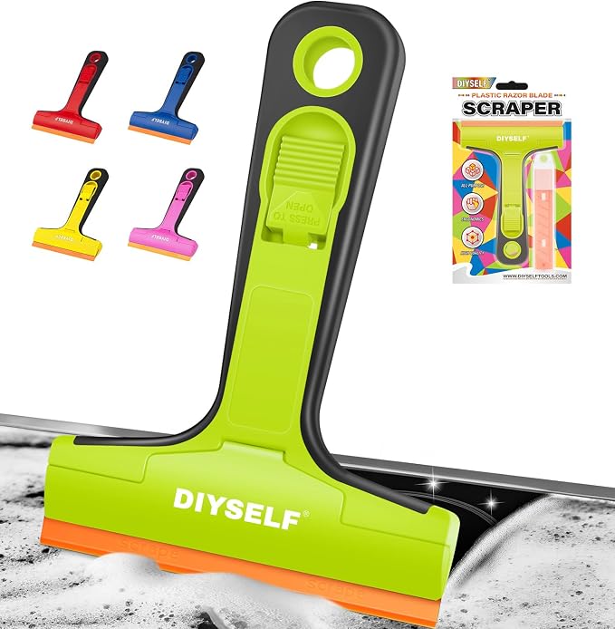 DIYSELF Glass Scraper Tool with 5 Pcs 4-Inch Plastic Blades for Stovetop | Wide 4-Inch Edge, Plastic Razor Blade Scraper for Glass, Labels, Stickers, Paint, Cooktops & Tile, Home Cleaning, Green