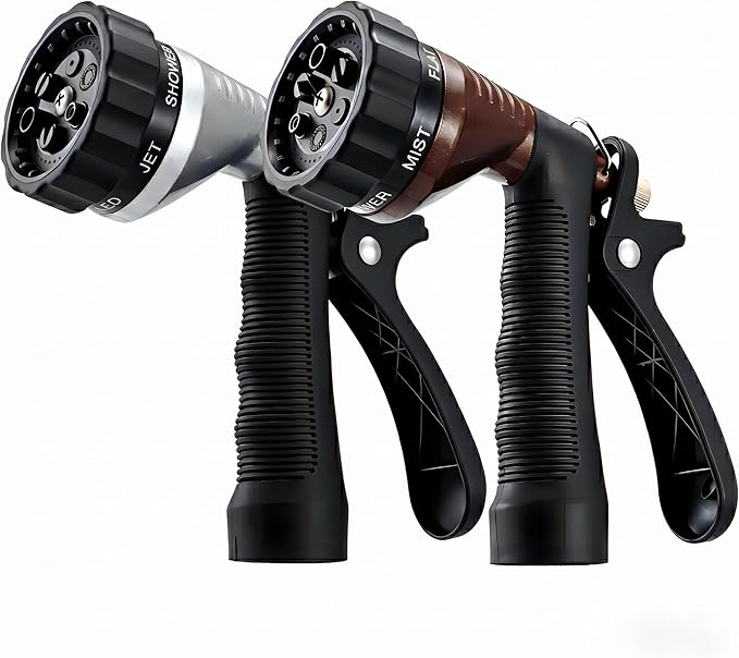 GREEN MOUNT 2-Pack Water Hose Nozzle, Heavy Duty Zinc Alloy Sprayer, Adjustable Jet to Shower, Leakproof Trigger Lock for Garden Car Pet Wash, Silver & Bronze