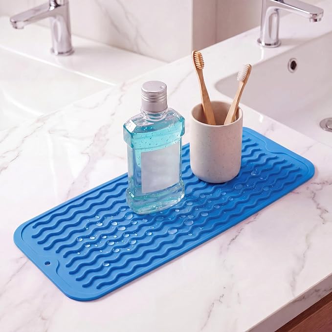 MicoYang Silicone Dish Drying Mat for Multiple Usage,Easy clean,Eco-friendly,Heat-resistant Silicone Mat for Kitchen Counter,Sink,Bar,Bottle,or Cup Lichen Blue M 17 inches x 6 inches