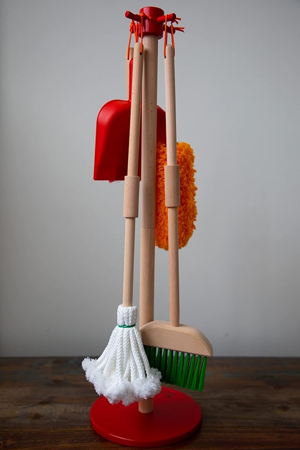 JustForKids Kids Cleaning Set, 6 Pieces - Wooden Pretend-Play Housekeeping Toy with Broom, Mop, Brush, Duster, Dustpan & Hanging Stand, STEM Learning Toy for Toddlers & Kids, Boys & Girls, Multicolor