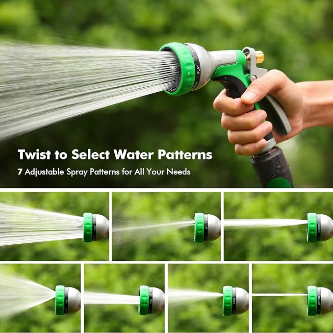 RESTMO Garden Hose Nozzle Heavy Duty, Rear Trigger Water Sprayer, Green | 7 Adjustable Spray Patterns, Durable Metal, Flow Control, Ideal for Plants & Lawns Watering, Cars & Pets Washing