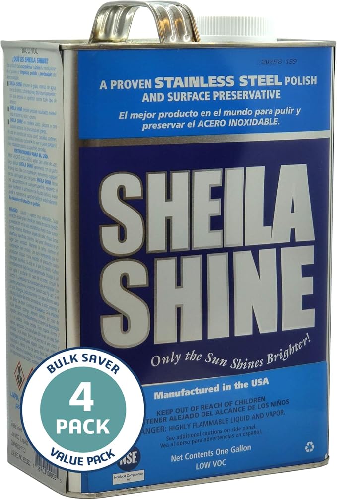 Sheila Shine 4 x 1 Gal. Can Low Voc Stainless Steel Cleaner and Polish, Protects Household Kitchen Surface, Removes Grease & Residue Marks, Stainless Steel Cleaner for Appliances, Fridge, Oven & Sinks