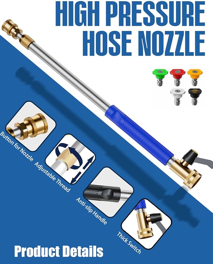 Adjustable Jet Nozzle High Pressure Hose Nozzle, 18-33” Hydro Nozzle Wands | for Garden Hose with 5 Nozzles & Hose Quick Connectors, Extended Power Washer Wand for Patio, Car, Window, Blue