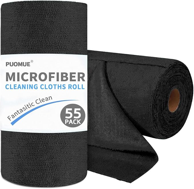 Puomue 55 Pack Microfiber Cleaning Cloth Roll, Tear Away Reusable Paper Towels, 11" X 9", Ultra Absorbent & Lint Free Microfiber Cloth for Cleaning Cars, Kitchen, Window, Home and Shop, Black