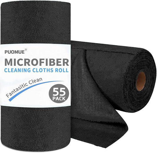 Puomue 55 Pack Microfiber Cleaning Cloth Roll, Tear Away Reusable Paper Towels, 11" X 9", Ultra Absorbent & Lint Free Microfiber Cloth for Cleaning Cars, Kitchen, Window, Home and Shop, Black