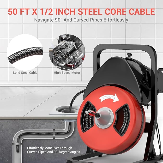 Garvee 50FTx1/2 Inch Drain Cleaner Machine with Wheels, Sewer Snake Drain for 2" to 4" Pipes, Plumbing Snake Auger Cleaner with 6 Cutter & Foot Switch for Sewer, Sink, Toilet, Bathroom