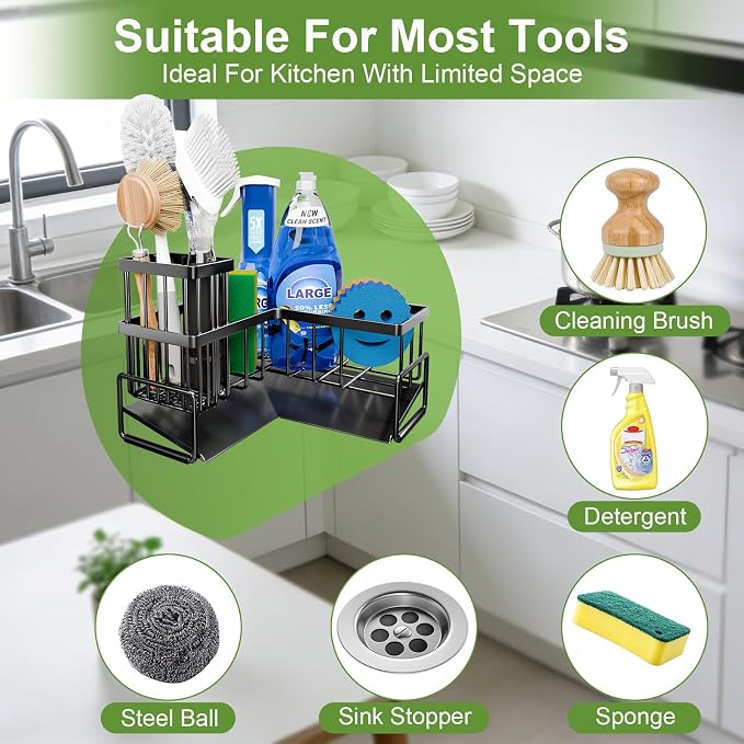 Fikoksol Large Sponge Holder for Kitchen Sink, 90-Degree Sink Caddy Organizer with Dish Brush Holder for Countertop Corner Storage Rack, Metal L-Shaped Kitchen Sink Sponge Soap Organizer Storage Ideas