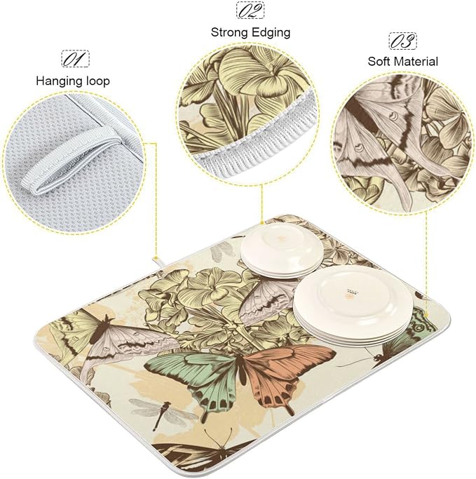 Super Absorbent Dish Drying Mat, Microfiber Fast-Drying Dish Mat, 16" x 18", Kitchen Dish Drying Pad, Retro Butterfly