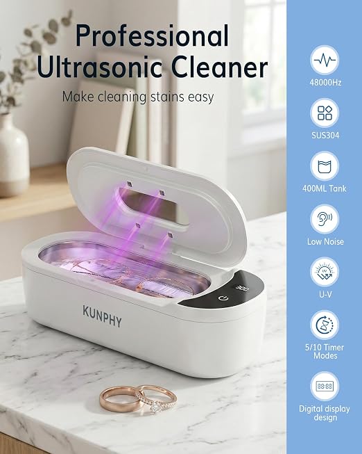 KUNPHY 48kHz Ultrasonic Jewelry Cleaner, Ultrasonic Cleaner | 2026 Upgraded Design, 400ml Tank, 2 Digital Timers, Touch Operation, for Eyeglasses Watches Silver Gold Diamond Rings