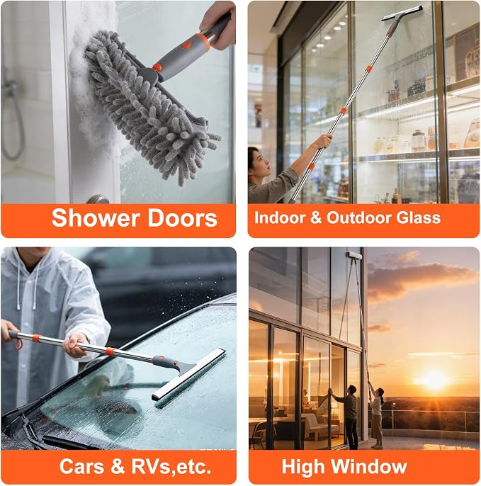 BITOPE Window Cleaner Tool Squeegee for Window Cleaning with 86" Extendable Pole Microfiber & Chenille Pad Squeegy for Exterior High Window Shower Door Glass Car RVs