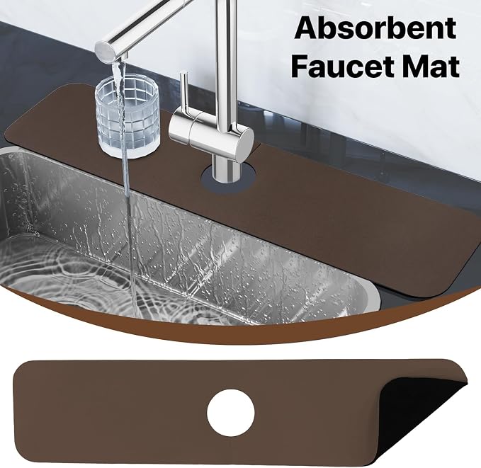 2PCS 12" x 19" Dish Drying Mat & 24" x 5.5" Faucet Mat for Kitchen Sink, Super Absorbent Kitchen Counter Mats & Sink Splash Guard, Easy to Clean Dish Rack Pad for Dishes Countertop, Brown