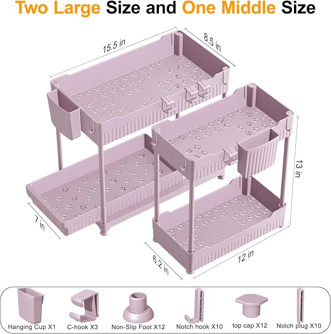 Sevenblue 3-Pack 2-Tier Under Sink Organizers with Sliding Drawers | Multi-use kitchen & bathroom storage, 12.8 inch pink cabinet organizer, space-saving sliding drawer design.