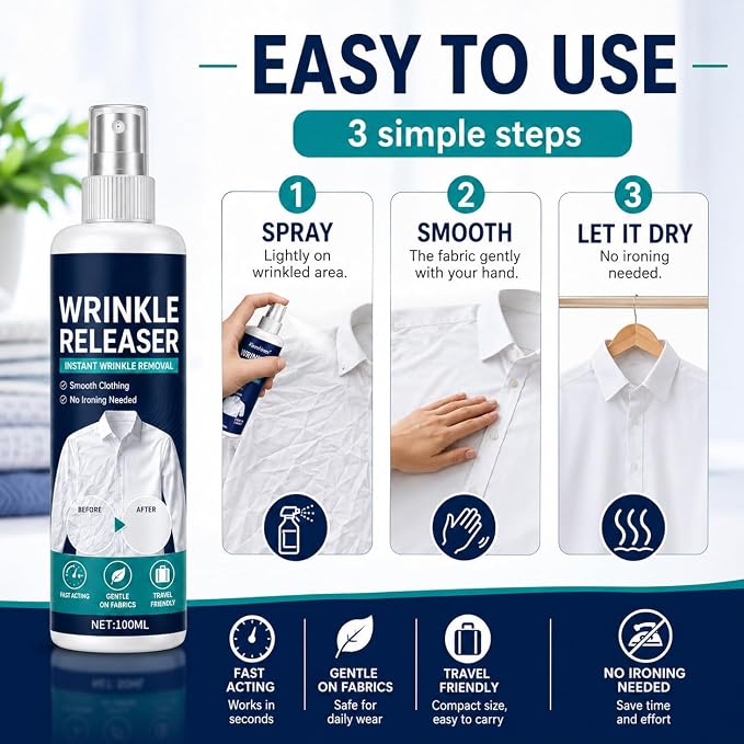 Wrinkle Release Spray Travel Size, Travel Wrinkle Release Spray, No Iron Needed, Fabric Freshener, Anti‑Static, 3.38oz Leak‑Proof Bottle for Clothes, Linens & Upholstery (2pcs)