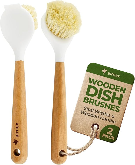 AIRNEX Wooden Dish Brush Set of 2 - Dish Brush with Handle Made of Wood & Sisal Bristles, Non Scratch Kitchen Scrub Brush for Dishes, Pots & Pans, Dish Scrubber with Plastic Free Bristles