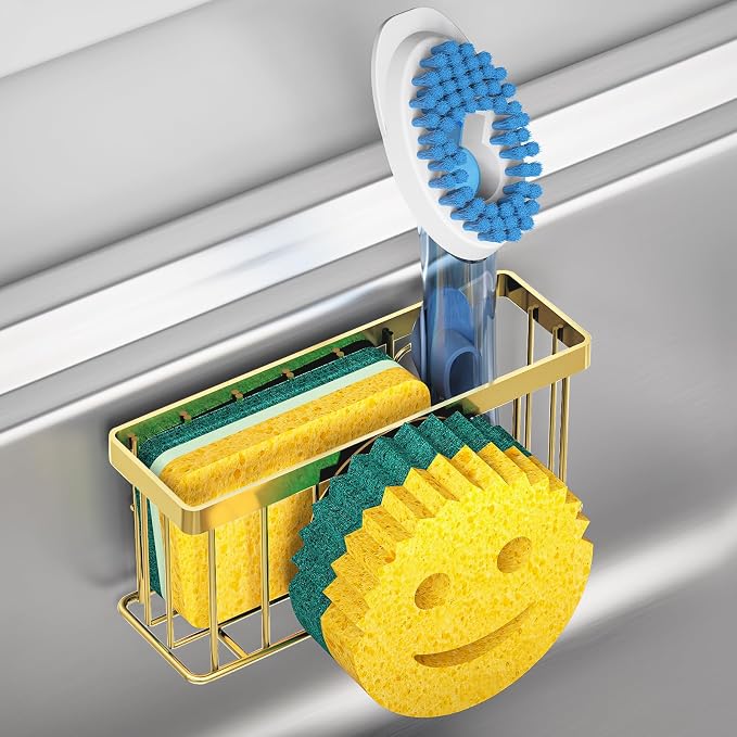 MURLONG Sponge Holder Smiley Face, Sink Caddy for Kitchen Sink, Sink Organizer Sponge Holder with 2 PCS Suction Cups/1 PCS Adhesive Strips, Designed for Sponge, Soap, Dish Brush, Scrubber-Gold
