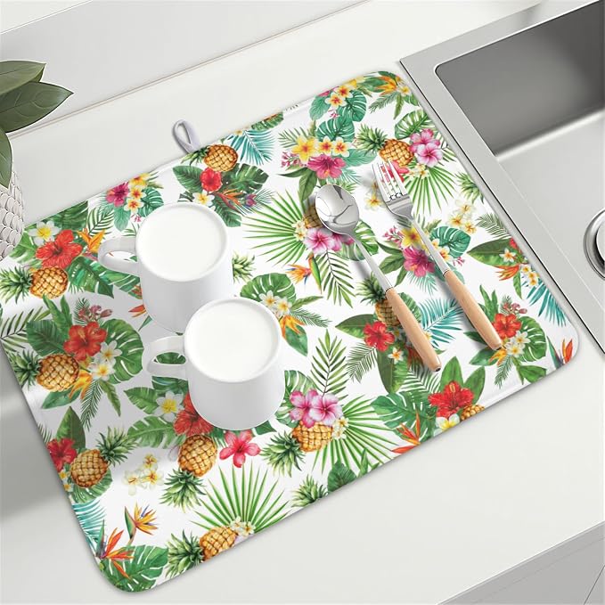 Summer Tropical Dish Drying Mat for Kitchen Counter Hawaii Palm Leaves Floral Pineapple Microfiber Dish Drainer Mat Rustic Absorbent Washable Drying Pad Extra Large 18"x24"