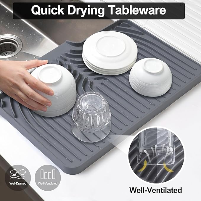 Dish Drying Mat for Kitchen Counter, with Built-in Drain Lip, Food-Grade Silicone, Easy Clean Pad for Countertop Protection, Multi-Functional Use (18 x12 Raised Sink, Grey)