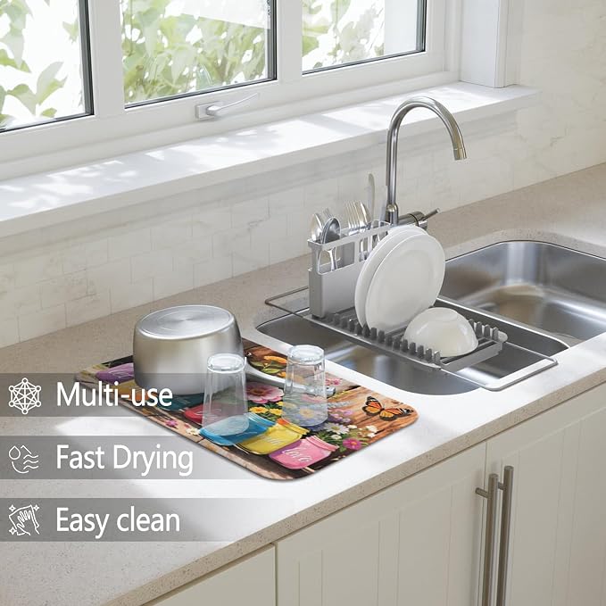 Dish Drying Mat 2-Pack in Mason Jar Floral for Kitchen Counter Dishes Mat | Diatom Mud Mats (18x24, 19.5x12"). Non-slip rubber back for kitchen counter, coffee bar & sink scenes