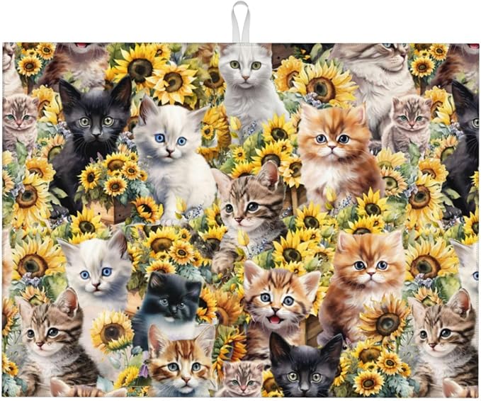 Cute Cat Dish Drying Mat 18 x 24 Inch for Kitchen Counter Cute Kitchen Mat Microfiber Kitchen Countertop Absorbent Reversible Drainer Rack Pad Dish Drying Mat