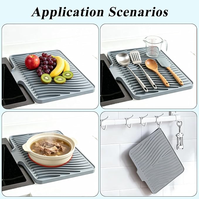 Silicone Dish Drying Mat for Kitchen Counter,16"X13" With Built-in Drain Lip,Food-Grade Silicone, Heat-Resistant Eco-friendly Hygienic Drying Mat Leak-Proof and Non-Slip, Multi-Functional Use（Gray）