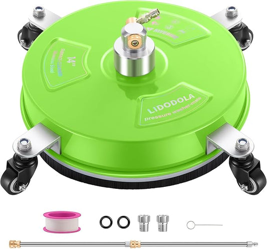 LidoDola 14'' Pressure Washer Surface Cleaner Green, Power Washer Accessory | Stainless Steel Housing with 4 Wheels, 1/4" QC, 2 Extension Wands & 2 Replacement Nozzles, for Gas & Electric Pressure Washer