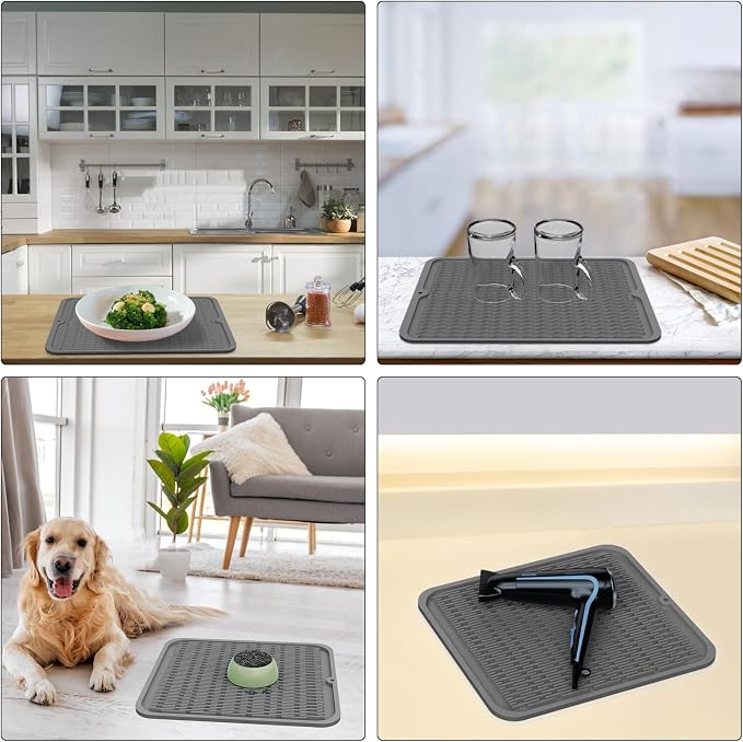 ZLR 4-in-1 Silicone Mat 12" x 12" / 305 x 306mm Square - Dish Drying Mat, Air Fryer Mat, Coffee Maker Pad & Heat Resistant Trivet (up to 450°F) - Non-Slip Food-Grade BPA-Free (Dark Gray)