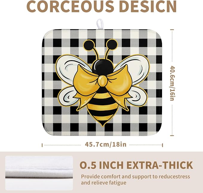 Summer Bumble Bee Drying Mat for Kitchen Counter 16×18 Inch Black White Buffalo Check Honey Bee Print Dish Drying Mats Kitchen Accessories Dish Rack Mat