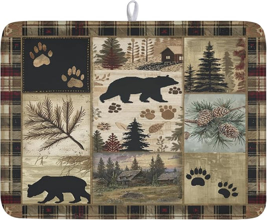 Giwawa Black Bear Dish Drying Mat Forest Cabin Decorative Dishes Pad 18x24 Inch Absorbent Fast Dry Dish Drainer Rack Mats for Kitchen Counter Sink