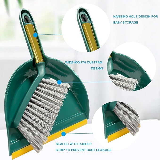 Small Broom with Dustpan Combo Set Mini Broom and Brush Set Hand Sweeper for Cleaning Desk Office Kitchen Pet Nest (Green)