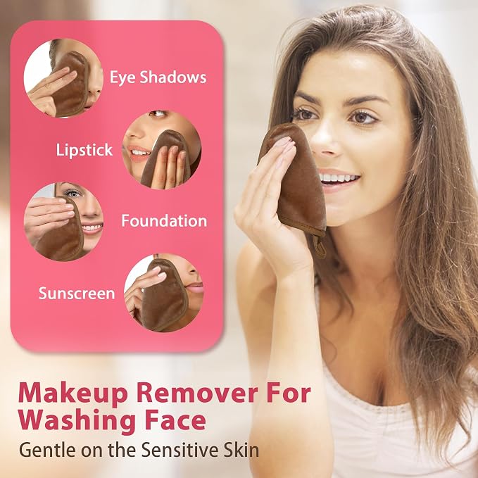 Natwag Makeup Remover Cloth, 6" x 6" Make Up Towels Reusable Face Cloth for Washing Face, Makeup Remover Pads Microfiber Face Washcloth with Mesh Bag, Just Water, 12 Pack, Brown
