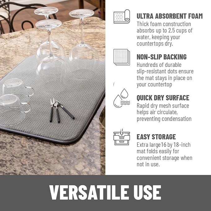 Bellemain XL Dish Mat Microfiber Dish Drying Mat, Super absorbent (Grey, 16" x 18")