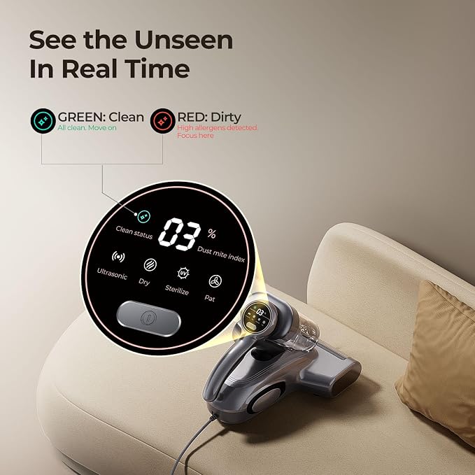 JIGOO Bed Vacuum Cleaner with Dust Sensor, Mattress Vacuum Cleaner with UV & Ultrasonic and High Heating, 13Kpa Suction 500W Powerful Double-Cup Handheld Vacuums (J300, Gray)