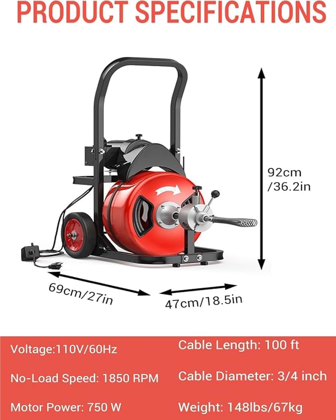 100Ft 3/4 Inch Drain Cleaning Machine. Sewer Snake 750w Auto Feed with 6 Cutter, Portable Drain Cleaning Machine Electric Drain Auger Sewer Auger Air-Activated Foot Switch for 4" to 8" Pipes