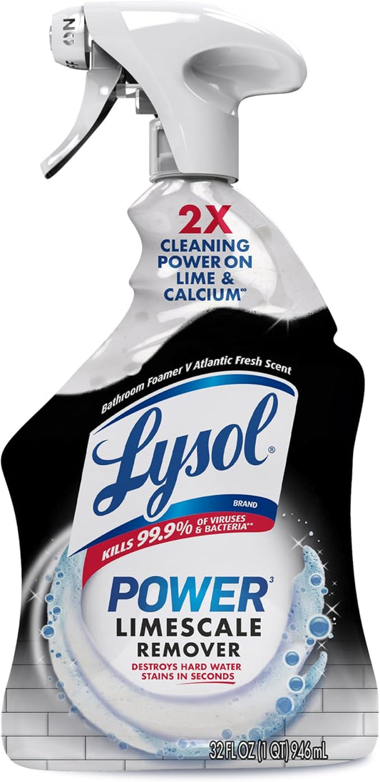 Lysol Power Limescale Remover Bathroom Cleaner Spray, Hard Water Stain Remover, Disinfecting Multipurpose Cleaner for Shower & Bathtub, Tough on Lime & Calcium, 0% Bleach, Atlantic Fresh Scent, 32oz