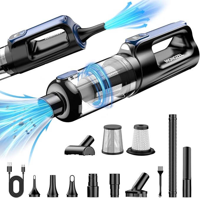 MONOZEL Car Vacuum Portable Cordless, 18000Pa 2 in 1 Vacuum Cleaner&Air Duster, 130W Brushless Motor Handheld Vacuum Cordless with 7800mAh Battery, LED Light, Multi-Nozzles for Car, Home, Office, Pet