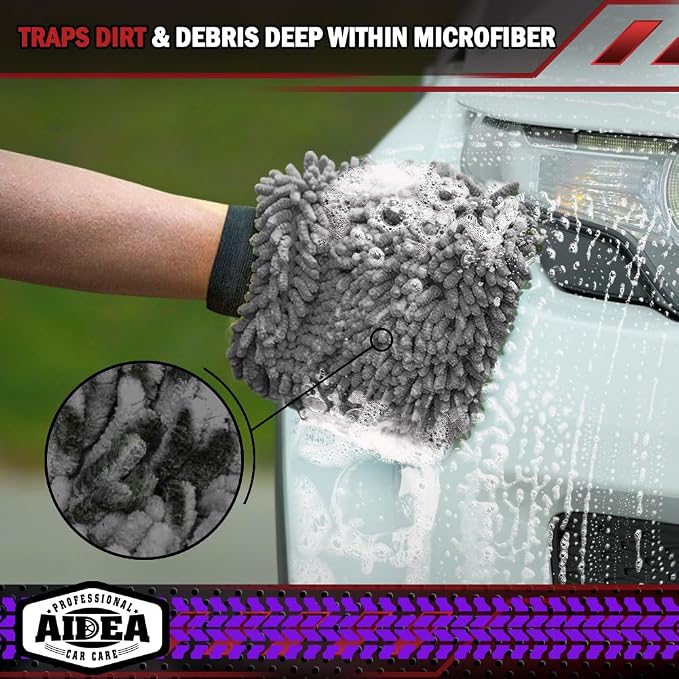AIDEA Car Wash Mitt Microfiber, 1PK, Car Wash Brush, Grey, 7.12''X10.14'' | Scratch Free Lint Free Premium Chenille Microfiber Mitt, Cleaning Supplies, Regular Size