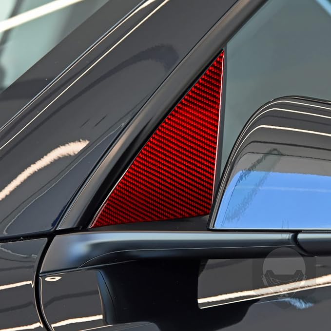 Red Real Carbon Fiber Trim for Tesla Accessories | for Model 3 2017-2022 / Model Y 2020-2024 Door Window A Pillar Triangle Sticker Interior Thick Overlay Decal