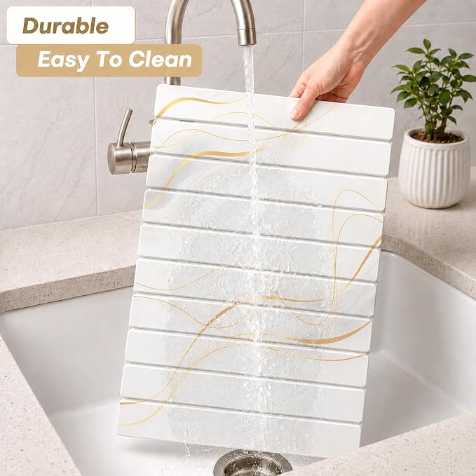 Large Stone Drying Mat for Kitchen Counter&Bathroom, Quick Dry Stone Dishes/Bathroom Mat, Foldable Drying Organizer Pad Suitable for Plate Rack Utensils, Apartment Essentials Decor(White Gold 24"×16")