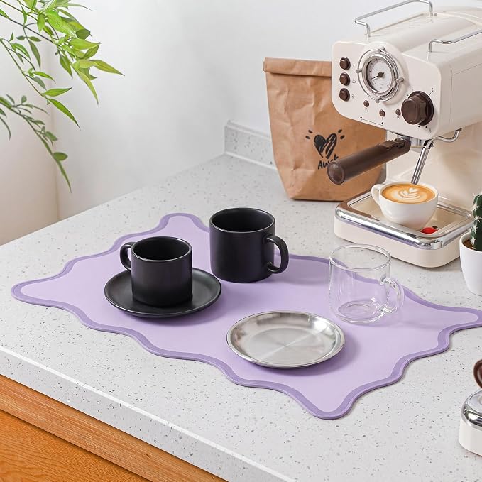 Nuanchu Purple Scalloped Coffee Mat 12" x 19" Coffee Bar Accessories Cute Dish Drying Mat for Kitchen Counter Aesthetic Waterproof Coquette Drainer Pad