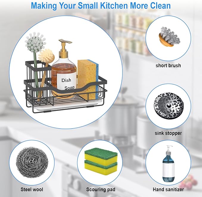 Sponge Holder for Kitchen Caddy Sink Organizer, Multifunctional Rustproof Dish Soap Sponge Caddy for Sink Counter with Detachable Brush Holder & Drain Tray - Storage Kitchen & Home Accessories