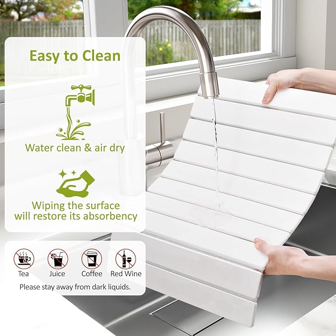 Large Stone Dish Drying Mat for Kitchen Counter, 24"(L)×16"(W), Collapsible Quick Dry Stone Dish Mats, Super Absorbent Diatomaceous Earth Drying Pad for Dishes Bottles Cups, Any Countertop (White)