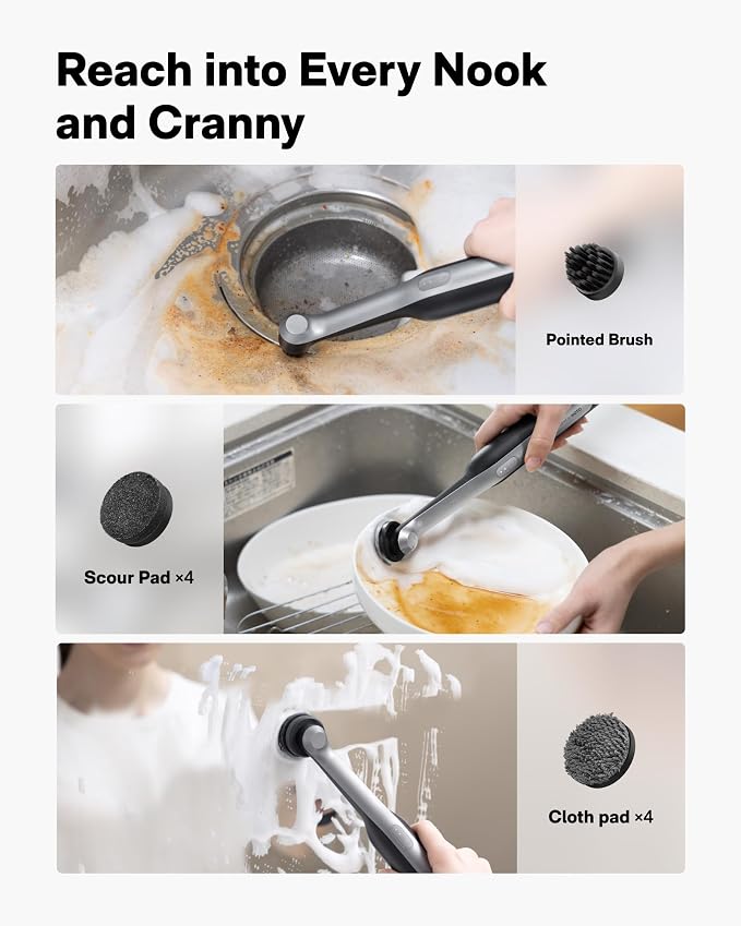 HOTO Wand™ Cordless Spin Scrubber, Electric Grout Cleaning Brush, IPX7 Full Body Waterproof Bathroom Scrubber, 12 Brush Heads Power Scrubber for Grout, Tiles, Corners, Crevices