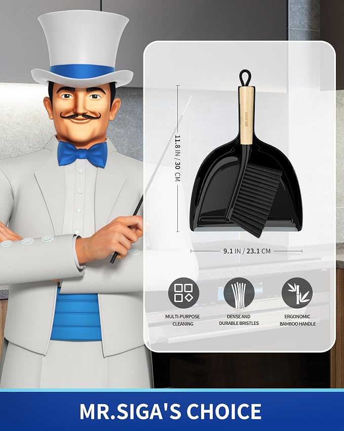 MR.SIGA Dustpan and Brush Set, Bamboo Handle, Black, 1 Set | Handheld brush and dustpan combo with hanging loop, small broom and dustpan set