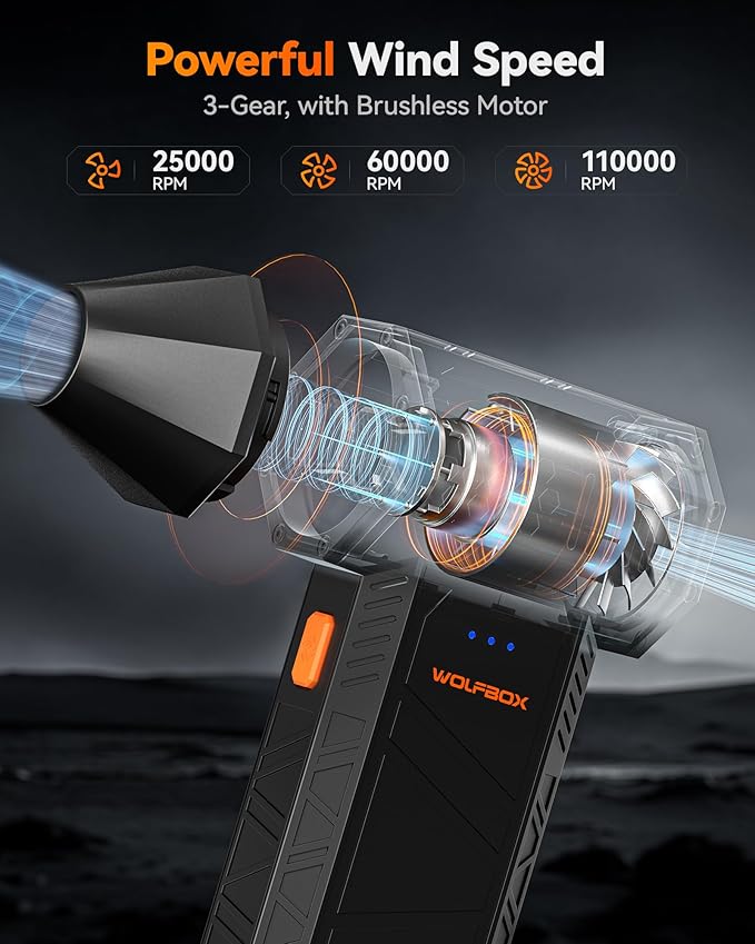 WOLFBOX MegaFlow 50 Compressed Air Duster, 110,000 RPM, 3-Gear Adjustable | Electric, Mini Blower, Fast Charging, Computer, Keyboard, House, Outdoor, Car, 0.45 lb Lightweight, 4 Nozzles