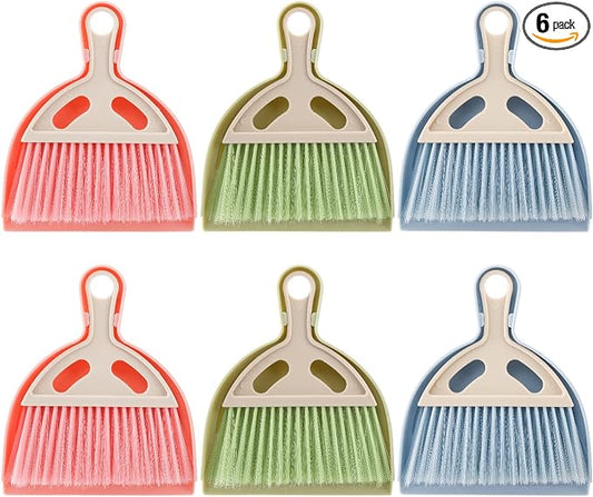 SOUJOY 6 Pack Small Dustpan and Brush Set, Whisk Broom and Dust Pan with Handle, Nesting Tiny Cleaning Broom, Mini Hand Broom and Dustpan Set for Table, Desk, Keyboard, Cars and Pet Nest