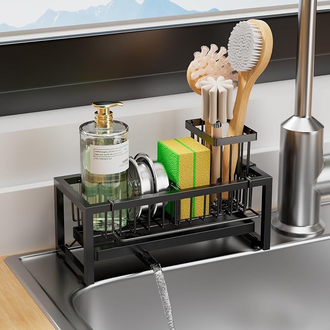 Sponge Holder for Kitchen Sink, 304 Stainless Steel Sink Caddy with Tall Brush Holder & Self-Draining Tray, 3-Compartment Countertop Organizer for Dish Soap Dispenser, Sponge, Scrubber, Black