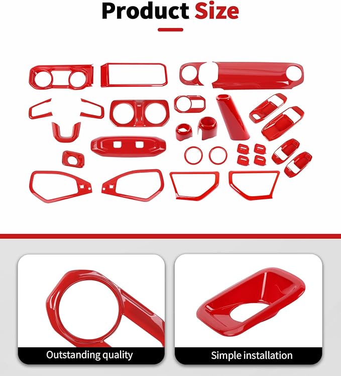 JWWY Interior Trim Kit Dress-Up Kit Decor Set Center Console Gear Shift Dashboard Panel,Door Window Switch Knob Speaker Cover Trim for 2024–2026 Jeep Wrangler JL JLU & Gladiator JT Red 28pcs