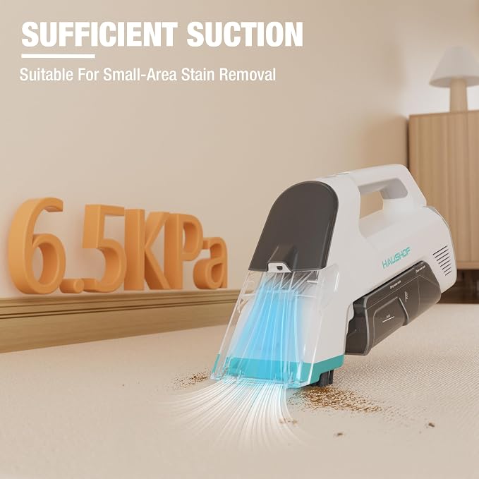 HAUSHOF 12V Cordless Handheld Carpet Cleaner, 6.5KPa Suction | 2 Water Tanks, Type-C Charging, Spot & Stain Cleaner, Portable Design for Carpet, Upholstery, Stairs & Car