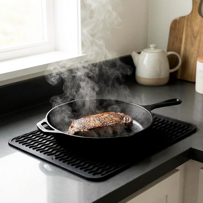 MicoYang Silicone Dish Drying Mat — Quick-Dry Ridges Counter & Sink Pad, Heat-Resistant Trivet to 450°F, Non-Slip & Dishwasher Safe, Roll-Up Storage, 18 Colors & 9 Sizes (Black, 16"×12")