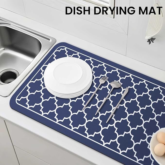 WISELIFE Dish Drying Mat Super Absorbent Drying Mat Large Dish Drying Mats for Kitchen Counter Easy Clean Dish Mat Kitchen Drying Mat18"x 32" Stylish Blue